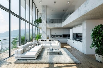 Modern penthouse's combined living room and kitchen with a stylish design