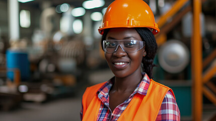 Young brunette female factory worker in an orange helmet with the factory in the background. - obrazy, fototapety, plakaty