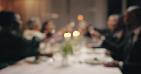 Blur, champagne and glasses with people, celebration and fine dining with alcohol, congratulations or party with cheers, wine or success. Bubbles, drink or toast with achievement at event or birthday