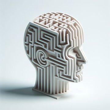 Statue with a labyrinth-shaped face and brain. To represent challenges within the mind, intelligence, cognitive science.
