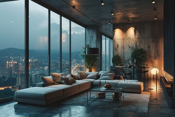 Moody luxurious penthouse loft living room interior with minimal modern designer styled furnitureMade - obrazy, fototapety, plakaty