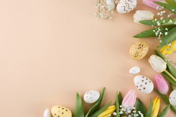 Crafting an Easter mood. Top view photo of eggs, fresh tulips on beige background with promo space