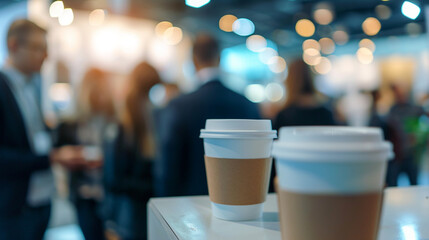 Coffee break at a conference with attendees socializing, business conference, blurred background, with copy space