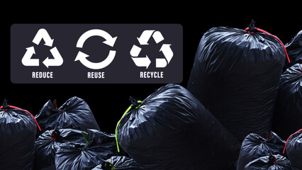 Reduce, reuse, recycle symbol on black garbage bags of rubbish on industry background, ecological...