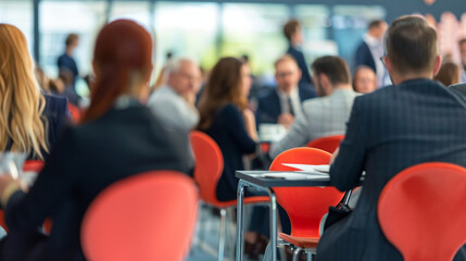 Business people engaging in a speed networking session, business conference, blurred background, with copy space