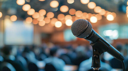 A speaker engaging with the audience using a microphone, business conference, blurred background, with copy space