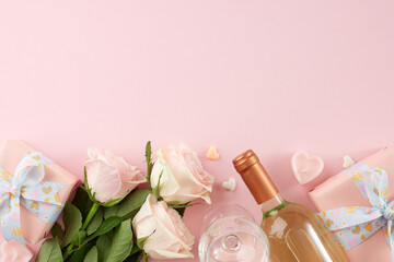Purchasing gifts for valentine's day. Top view photo of gift boxes, wine bottle, wine glass, hearts, roses on pastel pink background with promo zone
