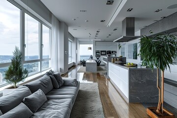 Penthouse living room and kitchen interior design, lounge with sofa and carpet, dining table, island with stools, parquet. Modern minimalist white and gray architecture concept idea