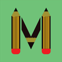 Letter M Pencil Logo Design. Letter M Pencil Vector Icon Graphic Illustration Background Template.