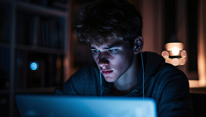 teen with laptop at night, Smartphone addiction, privacy