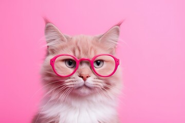 red cat portrait in pink glasses. banner with a soft pink background Peach Fuzz