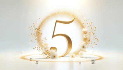 Golden Number Five with Sparkling Glitter and flowers – Perfect for Fifth Place Celebrations, Anniversaries, and Special Occasions