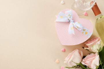 Valentine's day shopping options. Top view photo of heart-shaped gift box, wine bottle, wine glass, hearts, roses on beige background with promo zone