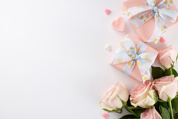 Choosing romantic gifts for Valentine's day concept. Top view shot of festive gift boxes, hearts, pink roses on white background with marketing space