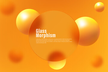 Glass morphism, round transparent banner and orange spheres. Website landing page.