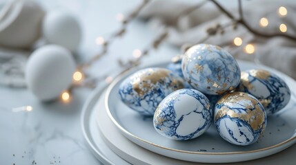 white blue eggs with gold patterns, blue marble in a beautiful plate on a white table with decor, Easter, quiet luxury style