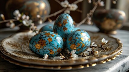 Obraz na płótnie Canvas white gold blue marble eggs in a beautiful plate on a white table with decor, Easter, quiet luxury style --ar 16:9 --stylize 750 --v 6 Job ID: dc86b74a-16d9-48fb-8066-d5044e238926