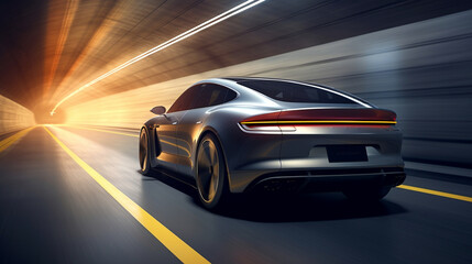 An ultra-realistic image of a graphite grey electric car cruising in a tunnel, with the warm yellow...