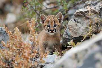 A playful mountain lion cub explores its surroundings, showcasing boundless energy and curiosity