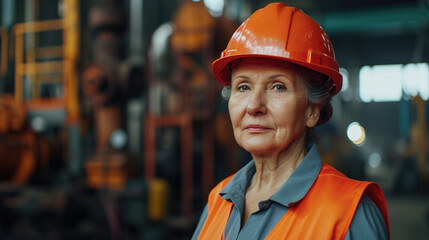 Fototapeta premium Senior female factory worker in an orange helmet with the factory in the background.