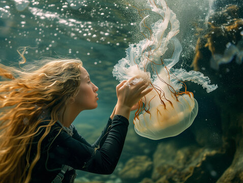 A Photo of a Woman Playing with a Jellyfish in Nature