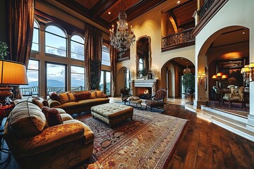Spacious luxury home living room. - obrazy, fototapety, plakaty