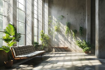 Sunlight falling into a modern interior with mockup background wall and beautiful decoration.