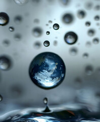 A fragile water droplet that resembles the planet earth is surrounded by other falling drops of water in a rainstorm. - ultra-closeup, macro photography look