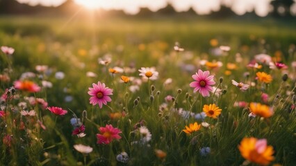 Fototapeta premium field of poppies a beautiful panorama of a flower meadow in summer. The image has a bright and colorful atmosphere, 