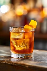 A glass of a Bourbon Old Fashioned cocktail against the cozy backdrop of a bar