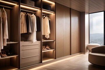 Modern luxury style warm wood walk in closet, minimal walk in wardrobe dressing room interior.