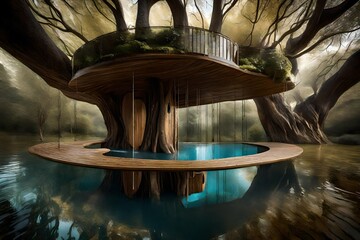 An innovative tree house with swimming pool suspended between two ancient trees, creating an illusion of floating water