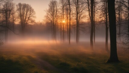 Fototapeta na wymiar misty morning in the forest sunrise light nature and mist in spring, Lithuanian nature 