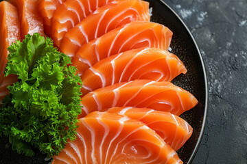 Sliced salmon sashimi in black plate on black background
