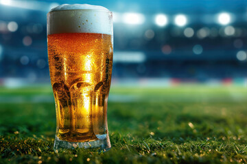 Glass of beer on the green grass of a soccer stadium at night