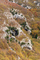 The slopes of mount Nerone in Marche region during the autumn, with the rocky arch of Fondarca