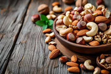 Fotobehang Mix of nuts in bowl on wooden background. Healthy food concept. © Alex