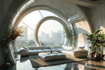 Zoom background: a futuristic penthouse living room with large round window - obrazy, fototapety, plakaty