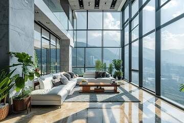 Zoom background: a modern penthouse living room with large windows - obrazy, fototapety, plakaty