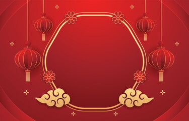 Happy Chinese new year 2024. Chinese new year banner with circle for show product. Greeting card. China frame with lantern on red background.