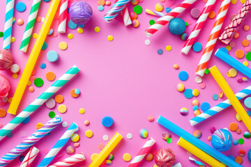 Colorful candies and confetti on pink background, top view