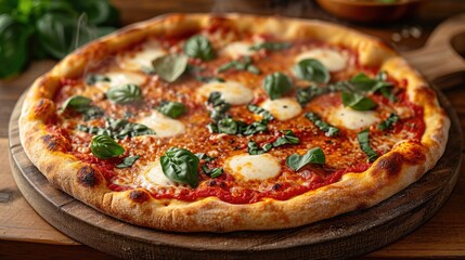 Classic Italian Pizza Unwind: Rustic and Cozy Kitchen Scene with Steamy Margherita Pizza on Wooden Table