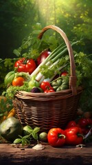 Basket of fresh vegetables on the table, seasonal farm vegetables