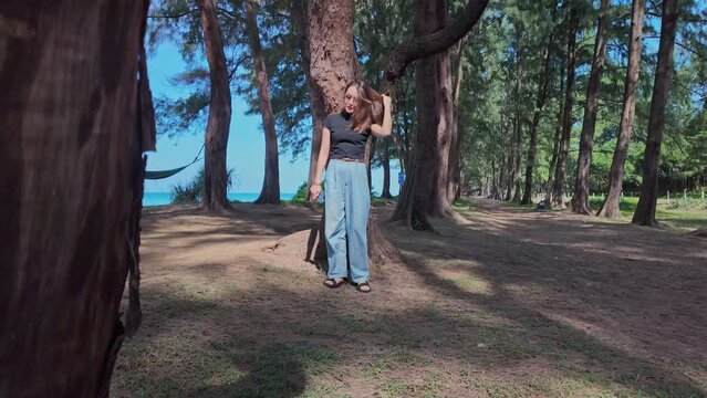 A woman rests under a large pine tree.
Take a happy walk along the beach under the large pine trees.
Tunnel of pine trees along the blue sea beach.
Under the shade of a large tree.slow motion.