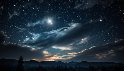 Naklejka premium Night sky, a dark landscape with mountains, stars shining brightly generated by AI