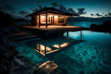 Nightfall at a hut with swimming pool, where underwater lights give the pool a luminescent and inviting glow amidst the darkness