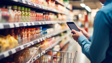 Mobile phone in hand with a picture of groceries in it.