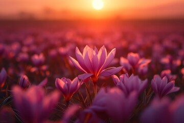 A horizon of beautiful purple saffron flower field in sunset