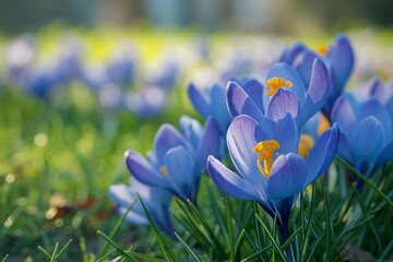 A bunch of blue crocus flowers in an idyllic green spring meadow