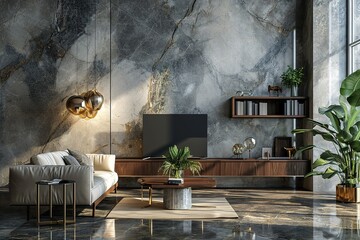 Modern marble TV wall with bookshelf. Home interior design.